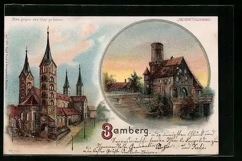Lithographie Bamberg, Dom, Burg, Halt gegen das Licht