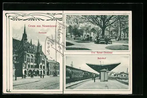 AK Neumünster, Bahnhof, Rathaus, Drei Kaiser-Denkmal