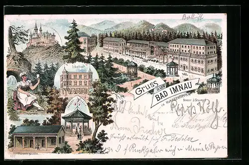 Lithographie Bad Imnau in Hohenzollern, Fürsten-Quelle, Erkerbau, Kaspar-Quelle