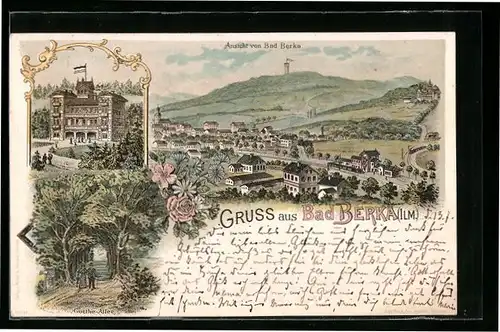 Lithographie Bad Berka /Ilm., Goethe-Allee, Ortsansicht aus der Vogelschau