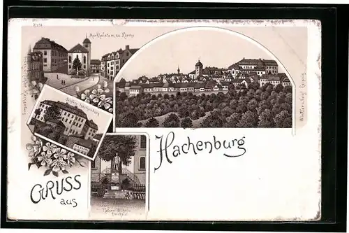 Lithographie Hachenburg, Marktplatz mit ev. Kirche, Schloss, Kaiser Wilhelm-Denkmal
