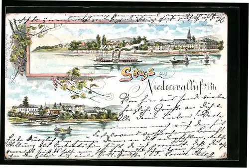 Lithographie Niederwalluf a. Rh., Hotel Schwanen, Rheineck, Dampfer