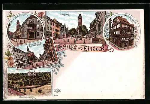 Lithographie Einbeck, Hotel Goldener Löwe, Altdeutsches Haus, Benserstrasse mit Neustädter Kirche