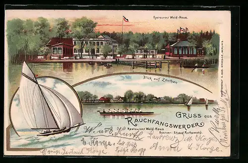 Lithographie Berlin-Rauchfangswerder, Restaurant Wald-Haus, Bes.: Eduard Rutkowsky, Blick auf Zeuthen