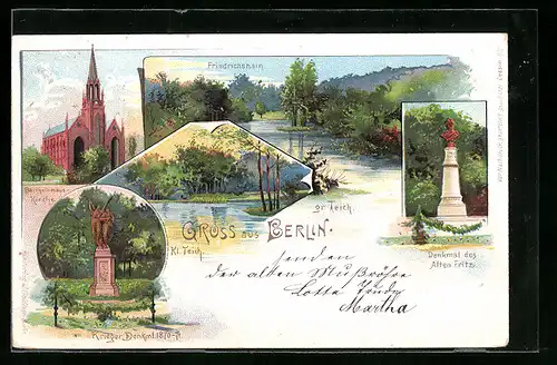 Lithographie Berlin, Batholomäus-Kirche, Kriegerdenkmal 1870-71, Denkmal des alten Fritz, Friedrichshain