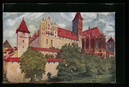 Künstler-AK Marienburg, an der Schlossmauer mit Blick zur Schlosskirche
