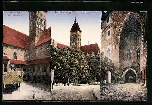 AK Marienburg / Malbork, Schlosshof mit Brunnen, Hochschloss und Tor