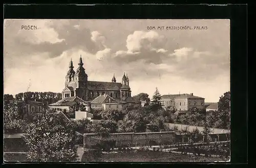 AK Posen, Dom und Erzbischöfl. Palais mit Anlagen aus der Vogelschau