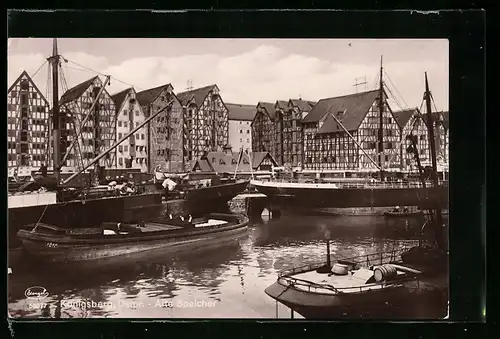 AK Königsberg, Schiffe am Alten Speicher im Hafen