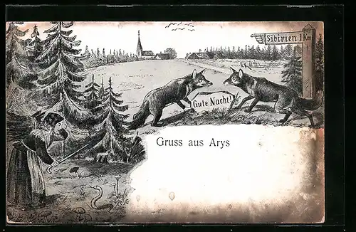 Künstler-AK Arys, zwei Füchse, Holz sammelnde Dame, Ortsansicht