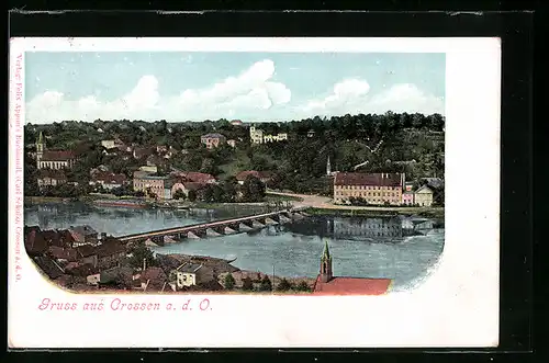 AK Crossen a. d. O., Ortsansicht über den Fluss