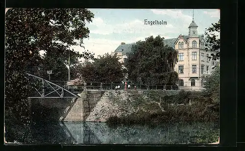 AK Engelholm, Ortspartie mit Brücke und Turmgebäude