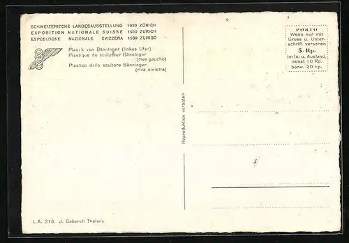 AK Zürich, Schweizerische Landesausstellung 1939, Plastik von Bänninger linkes Ufer