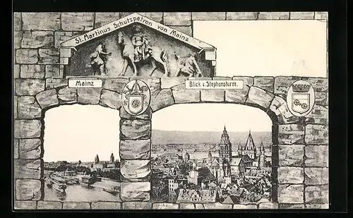 AK Mainz, Blick vom Stephansturm auf den Ort mit Kirche, Uferpartie, St. Martinus Schutzpatron von Mainz