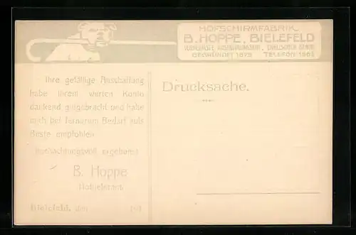 Künstler-AK Bielefeld, Werbekarte der Schirmfabrik B. Hoppe, Firmenlogo Hund mit Stock