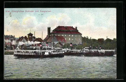 AK Kiel, Königliches Schloss mit Seegarten, Dampfer an der Anlegestelle