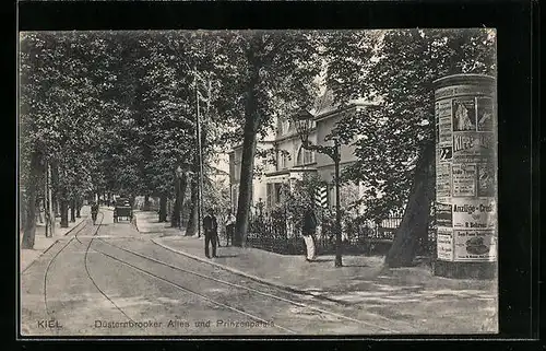 AK Kiel, Düsternbrooker Allee mit Prinzenpalais mit Litfasssäule