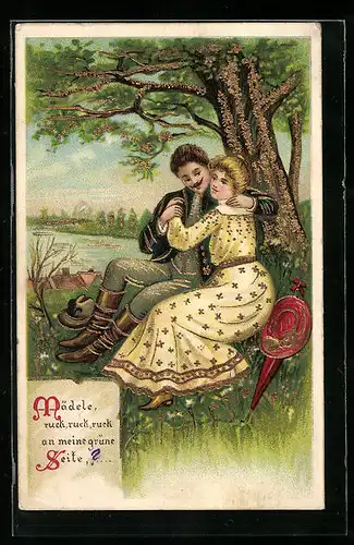 Künstler-AK Liebespaar unter dem Baum, Mädele ruck, ruck, ruck...
