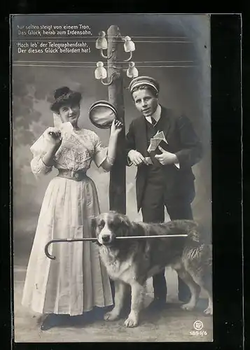 AK Student und Dame, Hoch leb` der Telegraphenmast, studentische Szene, Hund