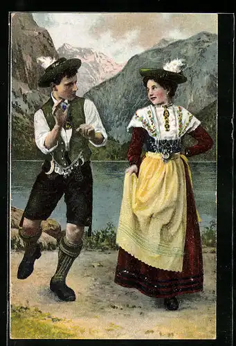 Künstler-AK Paar in Tracht beim Volkstanz