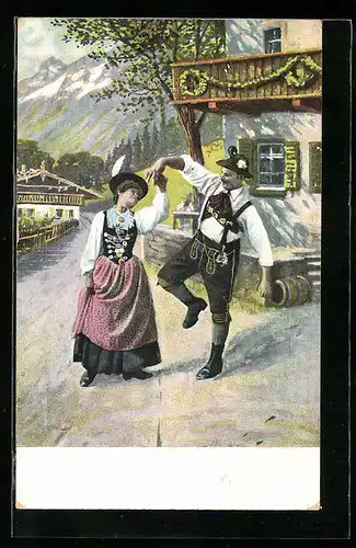 Künstler-AK Dame und Herr in Tracht, Volkstanz
