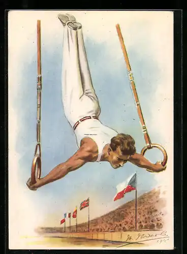 Künstler-AK Turner an den Schaukelringen