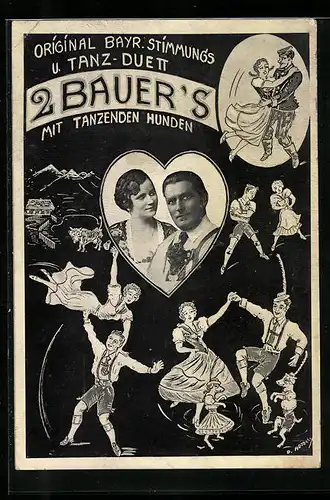 Künstler-AK Tanz Duett 2 Bauer`s mit tanzenden Hunden, Dressur