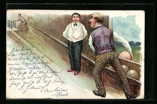 AK Drei Männer an der Kegelbahn