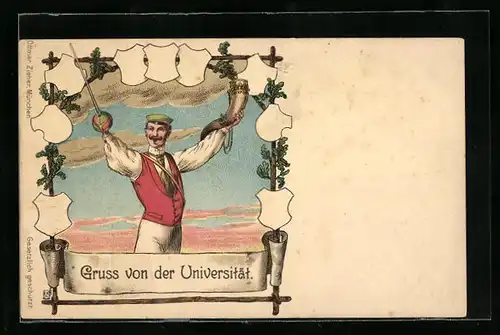 Lithographie Student in vollem Wichs mit Trinkhorn und Degen, Eichenlaub