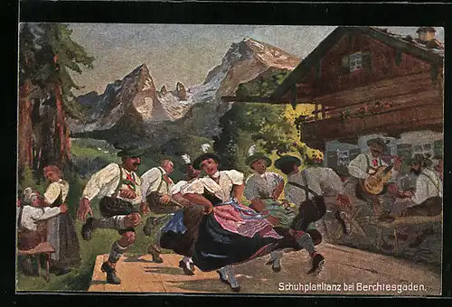 AK Berchtesgaden, Schuhplattlertanz vor Bergkulissse