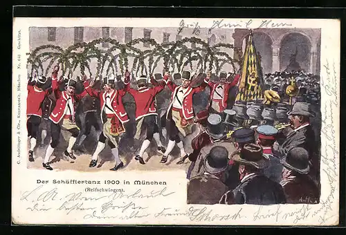 AK München, Schäfflertanz mit Reifschwingen 1900