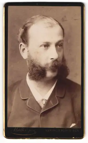 Fotografie M. Müller jun., Wien, Portrait Herr Schöpf mit Backenbart und Halbglatze, 1888