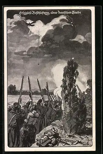 Künstler-AK französische Soldaten feuern aus einem Schützengraben auf eine deutsche Taube