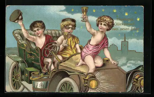 Künstler-AK Drei Kinder mit Sektkelchen im Auto, Neujahrsgruss