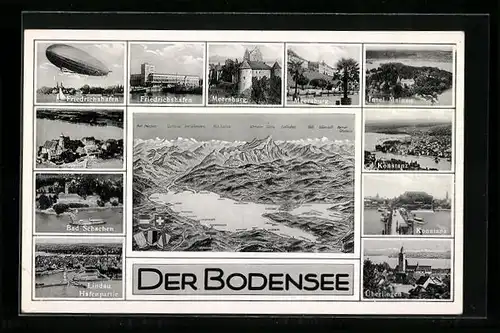 AK Friedrichshafen, Luftschiff Graf Zeppelin über dem Bodensee, Insel Mainau, Gesamtansicht des Bodensees mit Umgebung