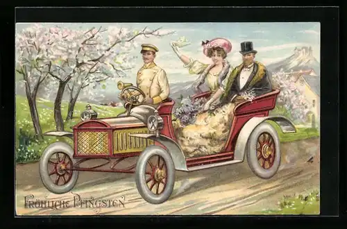 Präge-AK Frühlingsszene: Brautpaar mit Chauffeur im Auto