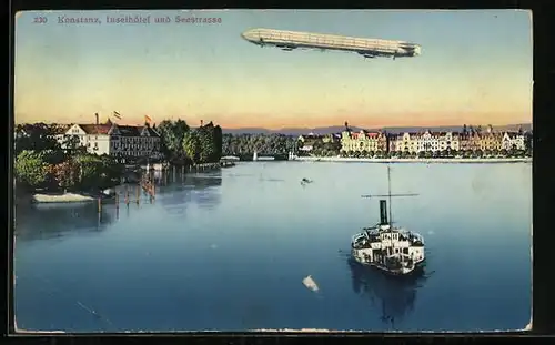 AK Konstanz, Inselhotel und Seestrasse mit Zeppelin`schem Luftschiff