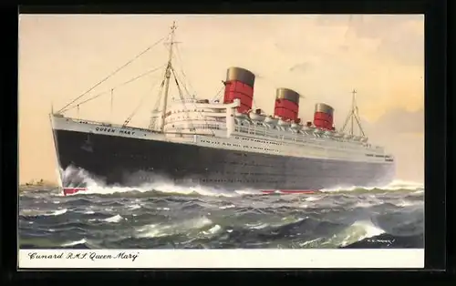 Künstler-AK Passagierschiff R.M.S. Queen May, das Dampfschiff mit drei Schornsteinen auf dem Meer