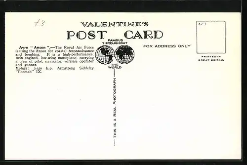 AK Kampfflugzeug vom Typ Avro Anson