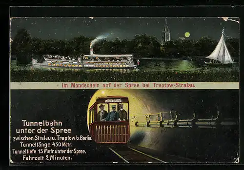 AK Berlin-Stralau, Tunnelbahn unter der Spree, Dampfer bei Nacht auf der Spree