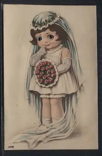 Glasaugen-AK Braut mit Rosenstrauss und Glasaugen