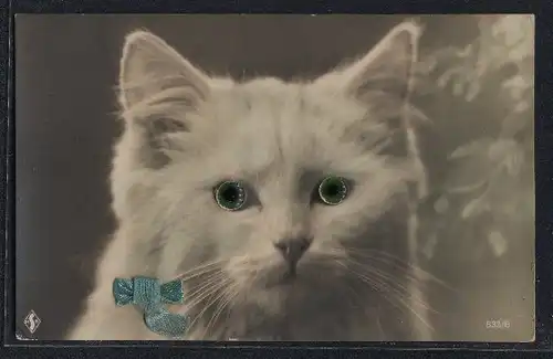 Glasaugen-AK Weisse Katze mit grünen Augen