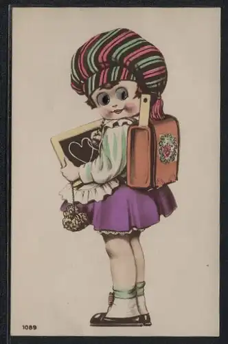 Glasaugen-AK Mädchen mit Schulranzen und Kreidetafel