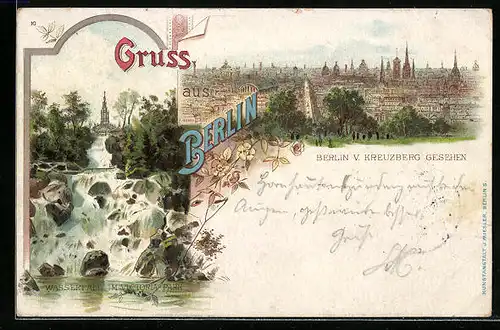 Lithographie Berlin, Wasserfall im Victoria-Park, Teilansicht vom Kreuzberg aus