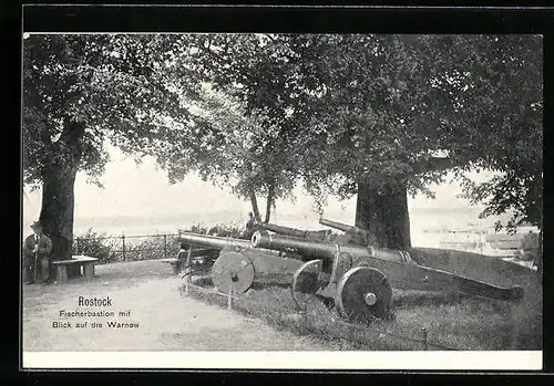 AK Rostock, Kanonen auf der Fischerbastion mit Blick auf die Warnow