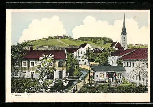 AK Aschau b. K., Ortspartie mit Kirche