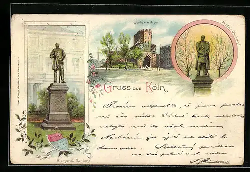 Lithographie Köln, Partie am Severinthor, Moltke-Denkmal, Bismarck-Denkmal
