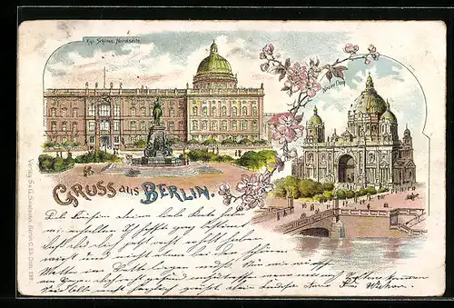 Lithographie Berlin, kgl. Schloss Nordseite, Neuer Dom