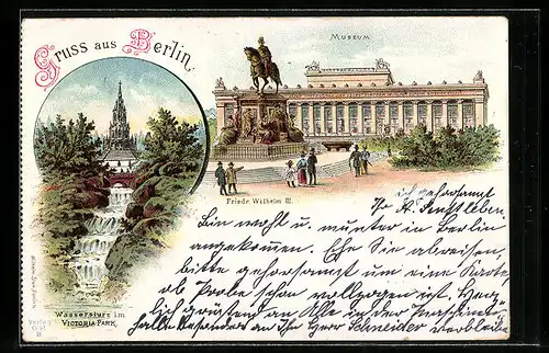 Lithographie Berlin-Kreuzberg, Denkmal Friedr. Wilhelm III., Wassersturz im Victoriapark