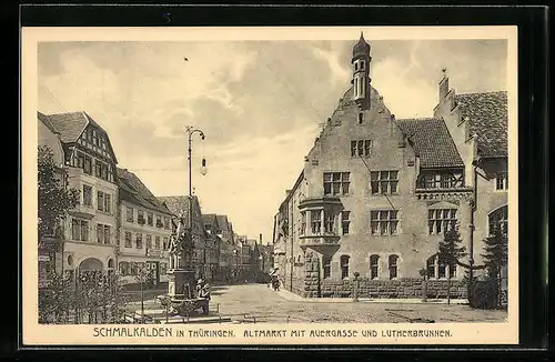 AK Schmalkalden in Thüringen, Altmarkt und Strasse Auergasse mit Geschäft und Lutherbrunnen